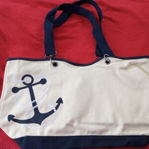 Bundle Nautical Anchor Canvas Tote Bag - Cream and Navy And Pouch
